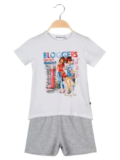 Mix'N Match T-shirt con stampa disegni e strass + shorts completo in cotone estivo