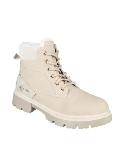 M.N.G. Collection Anfibi donna con lacci e zip e fodera in ecopelliccia - beige