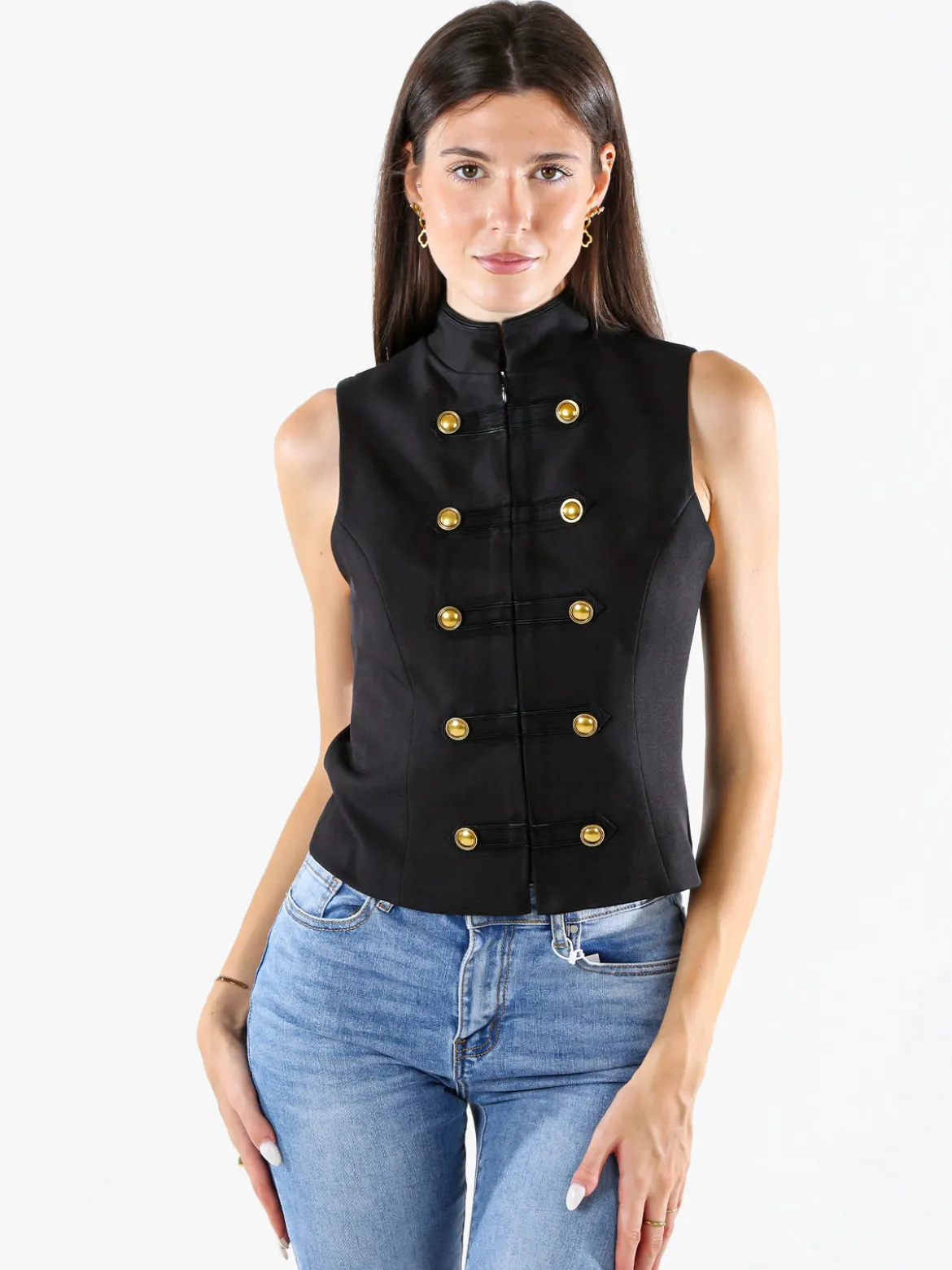 Mochy Gilet donna con bottoni dorati e zip - nero