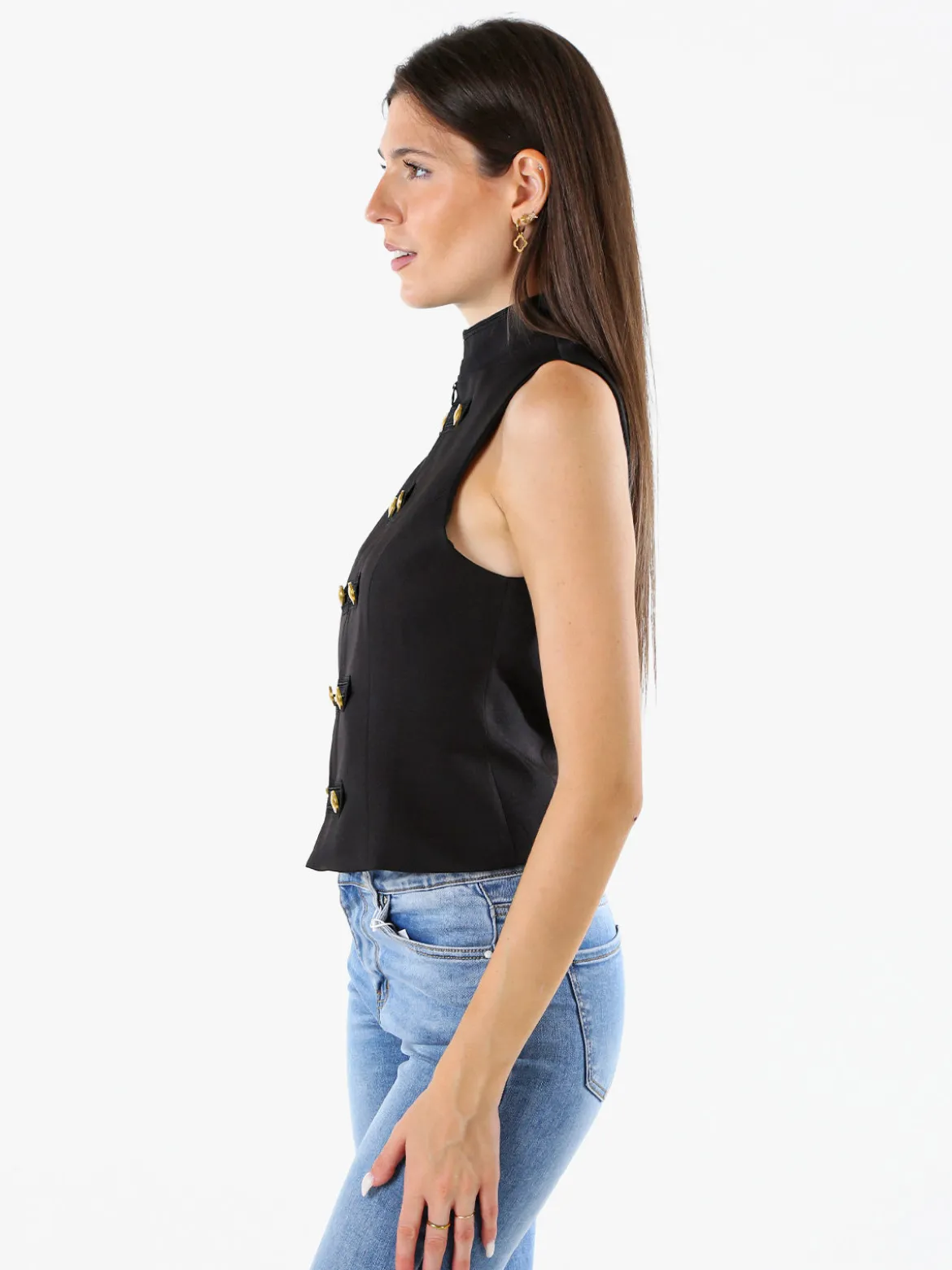 Mochy Gilet donna con bottoni dorati e zip - nero