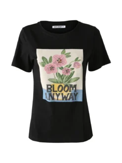 Monte Cervino T-shirt da donna in cotone con stampa fiori e strass - nero