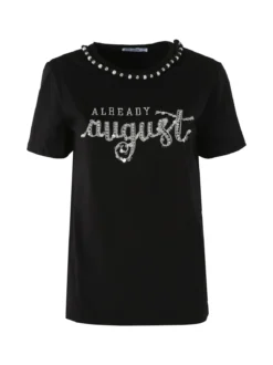 Monte Cervino T-shirt donna in cotone con perle e strass - nero