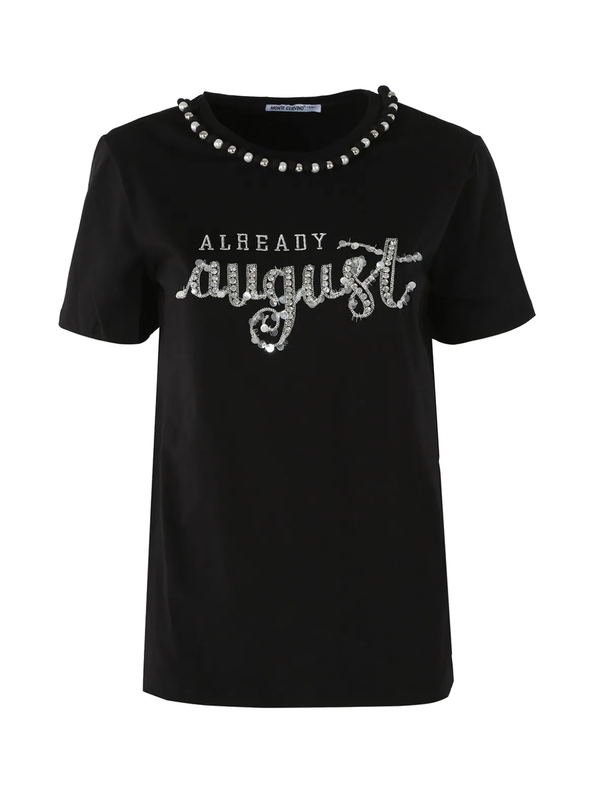 Monte Cervino T-shirt donna in cotone con perle e strass - nero