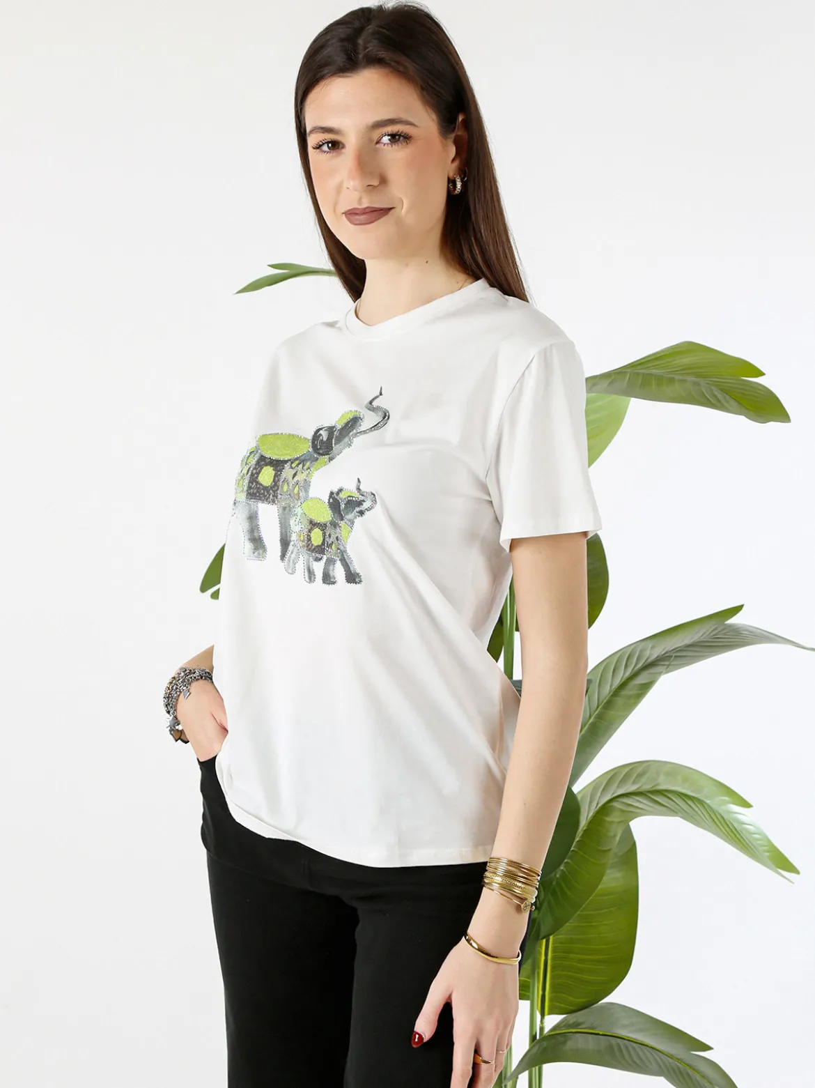 Monte Cervino T-shirt donna in cotone con stampa e strass - verde