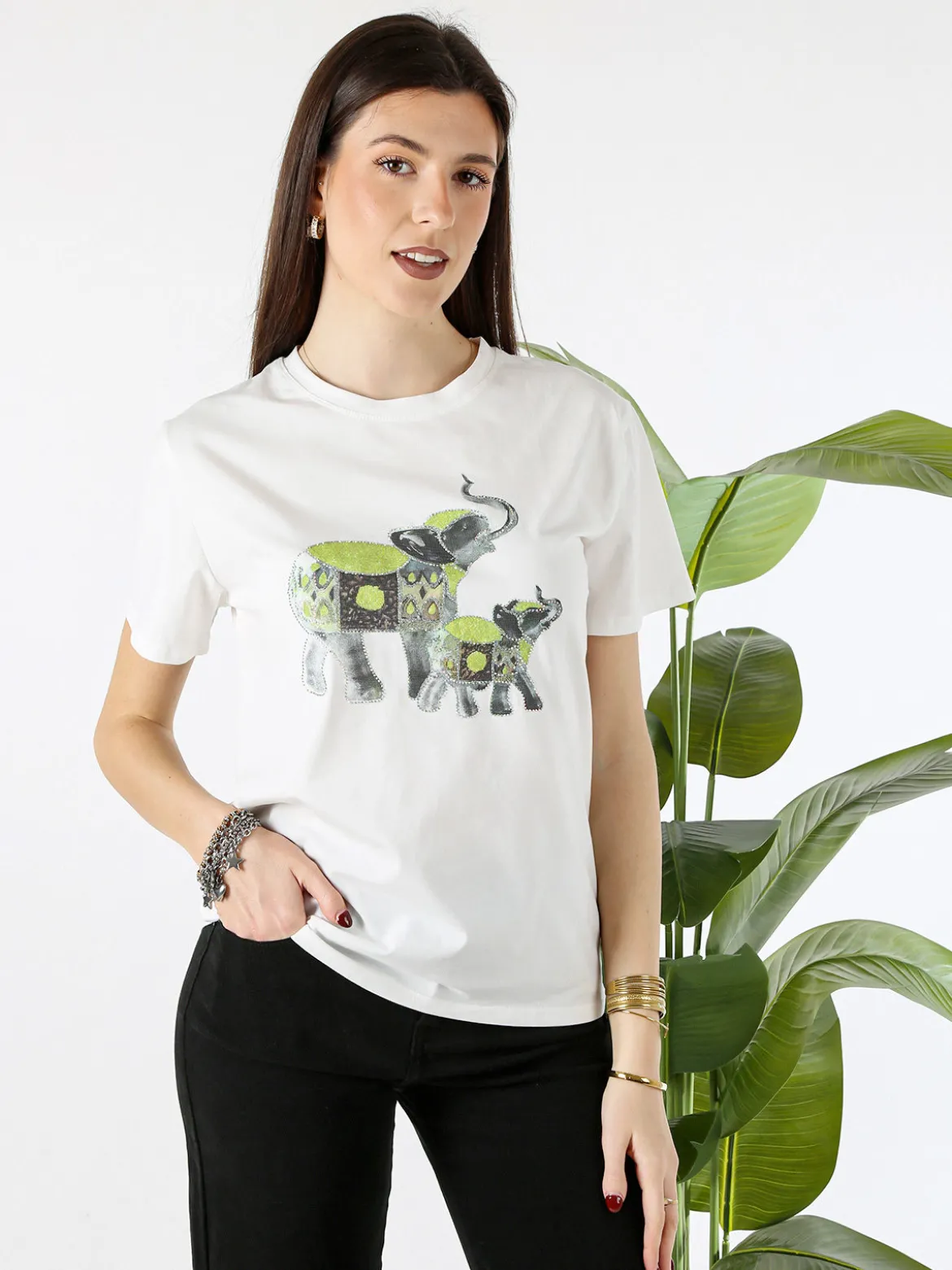 Monte Cervino T-shirt donna in cotone con stampa e strass - verde