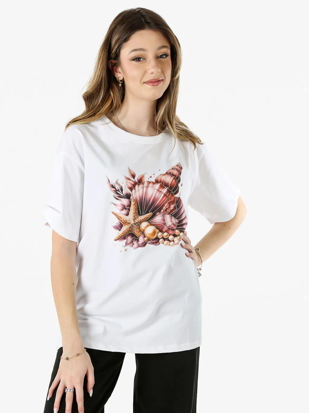 Monte Cervino T-shirt donna oversize in cotone con stampa e strass - rosa