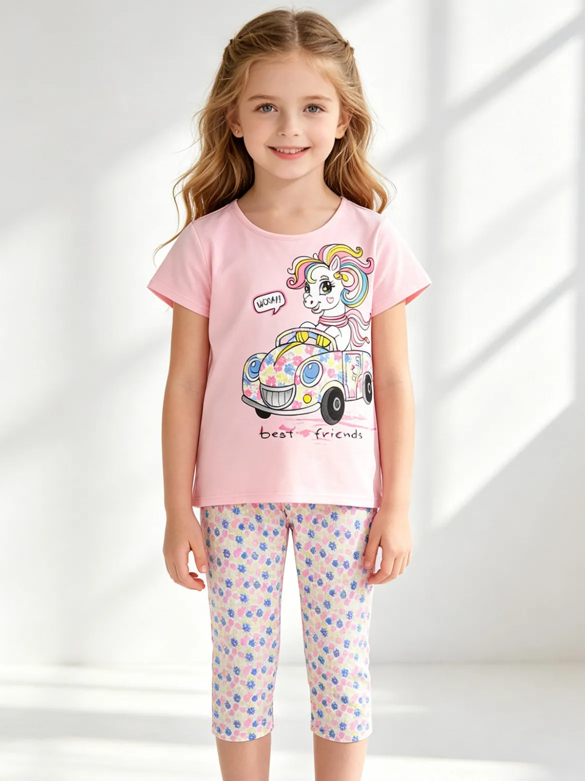 Mouset Completo da bambina con t-shirt e leggings fiorati a 3/4