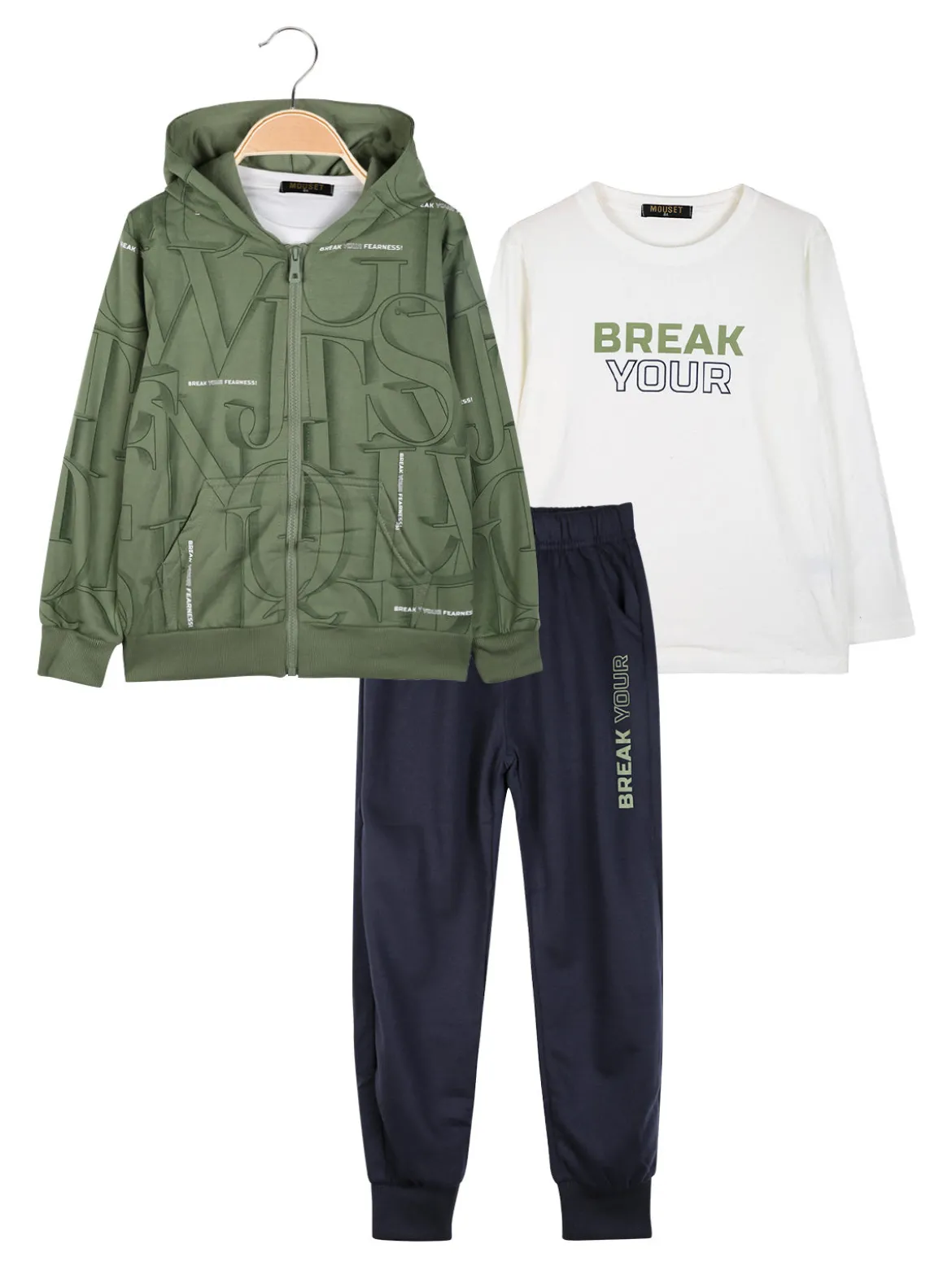Mouset Completo 3 pezzi da bambino con cappuccio e zip - verde