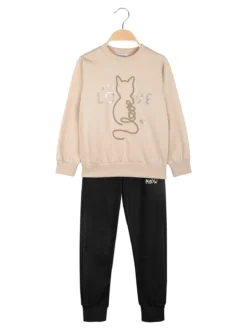 Mouset Completo tuta 2 pezzi da bambina con felpa girocollo e pantaloni - beige