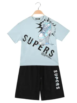 Mr Jek Completo corto da bambino in cotone con t-shirt e bermuda - azzurro