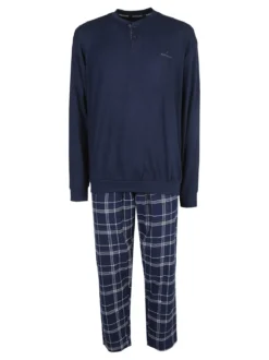 Navigare Pigiama da uomo in cotone interlock con pantaloni a quadri - blu scuro