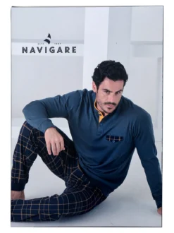 Navigare Pigiama lungo da uomo in cotone con taschino e pantaloni a quadri - blu scuro