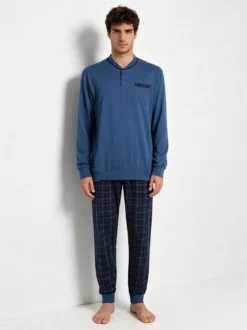 Navigare Pigiama lungo da uomo in cotone con taschino e pantaloni a quadri - jeans