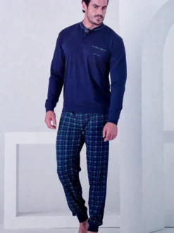 Navigare Pigiama lungo da uomo in cotone con taschino e pantaloni a quadri - blu scuro