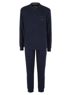 Navigare Pigiama lungo da uomo in cotone interlock con taschino - blu scuro