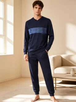 Navigare Pigiama lungo da uomo in cotone jersey