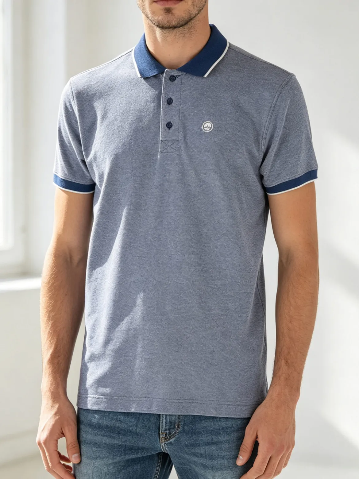 Navy Sail Polo da uomo in cotone a maniche corte con logo - blu
