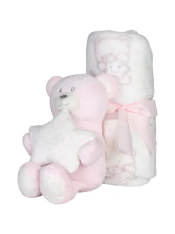 Nazareno Gabrielli Set regalo per neonati con coperta in pile e pupazzo orsetto con stella - rosa