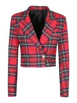 New Collection Blazer corto da donna scozzese a doppiopetto