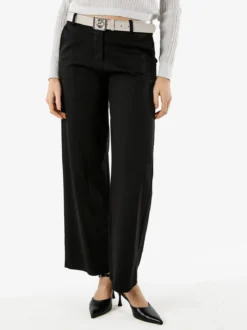 New Gj Pantaloni donna a palazzo spigati con cintura - nero