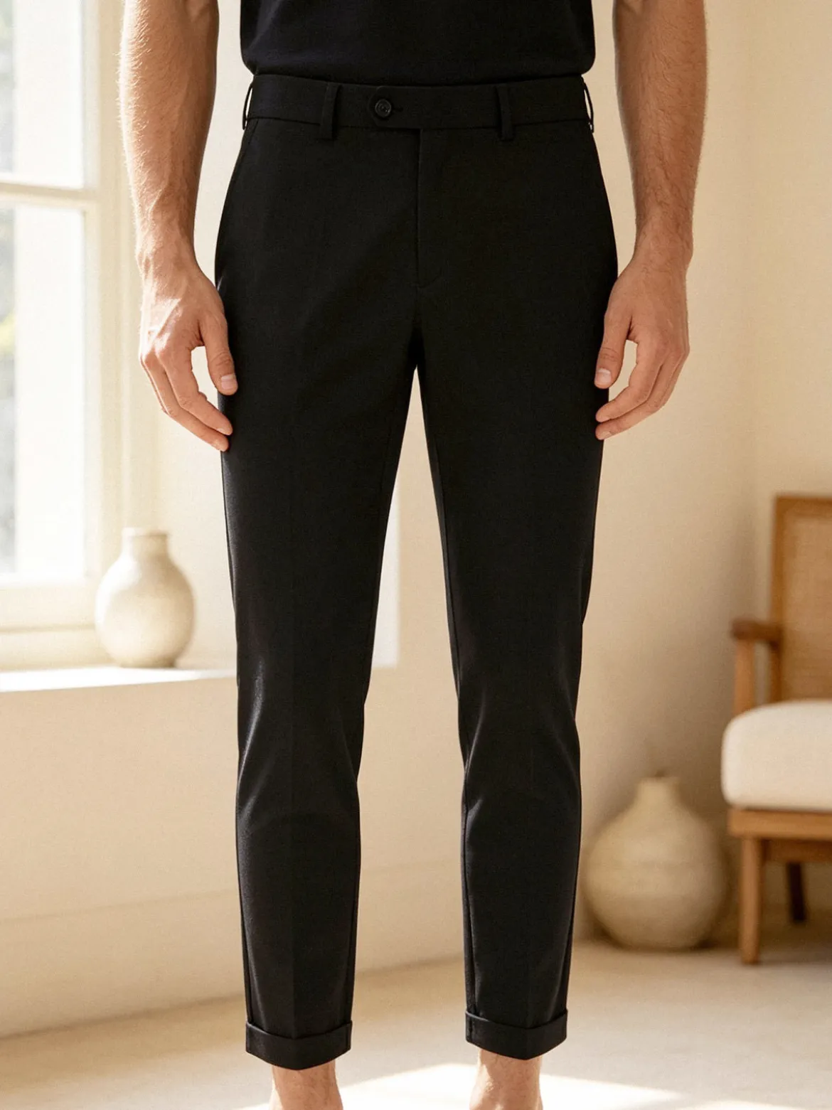 New Marshll Pantaloni da uomo in cotone con risvolti sul finale - nero