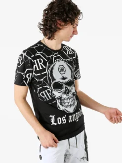 New Mentality T-shirt da uomo in cotone con teschio e micro borchie - nero