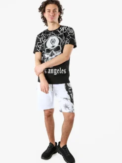 New Mentality T-shirt da uomo in cotone con teschio e micro borchie - nero