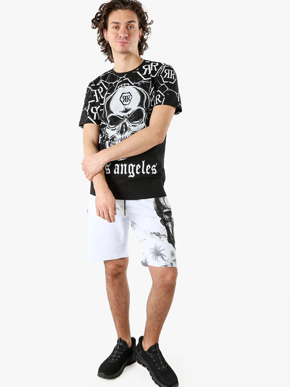 New Mentality T-shirt da uomo in cotone con teschio e micro borchie - nero
