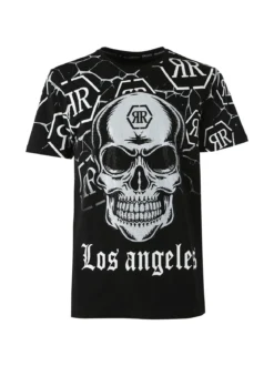 New Mentality T-shirt da uomo in cotone con teschio e micro borchie - nero