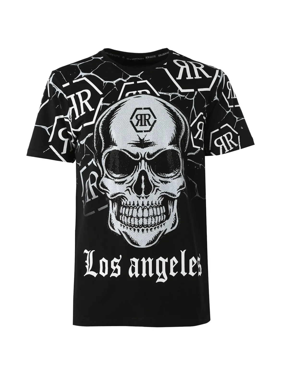 New Mentality T-shirt da uomo in cotone con teschio e micro borchie - nero