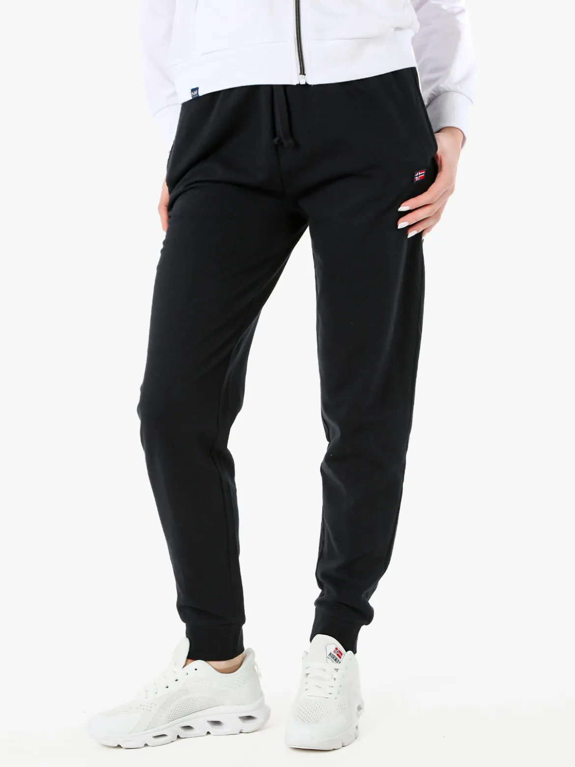 Norway Pantaloni tuta da donna in cotone con coulisse e polsini - nero