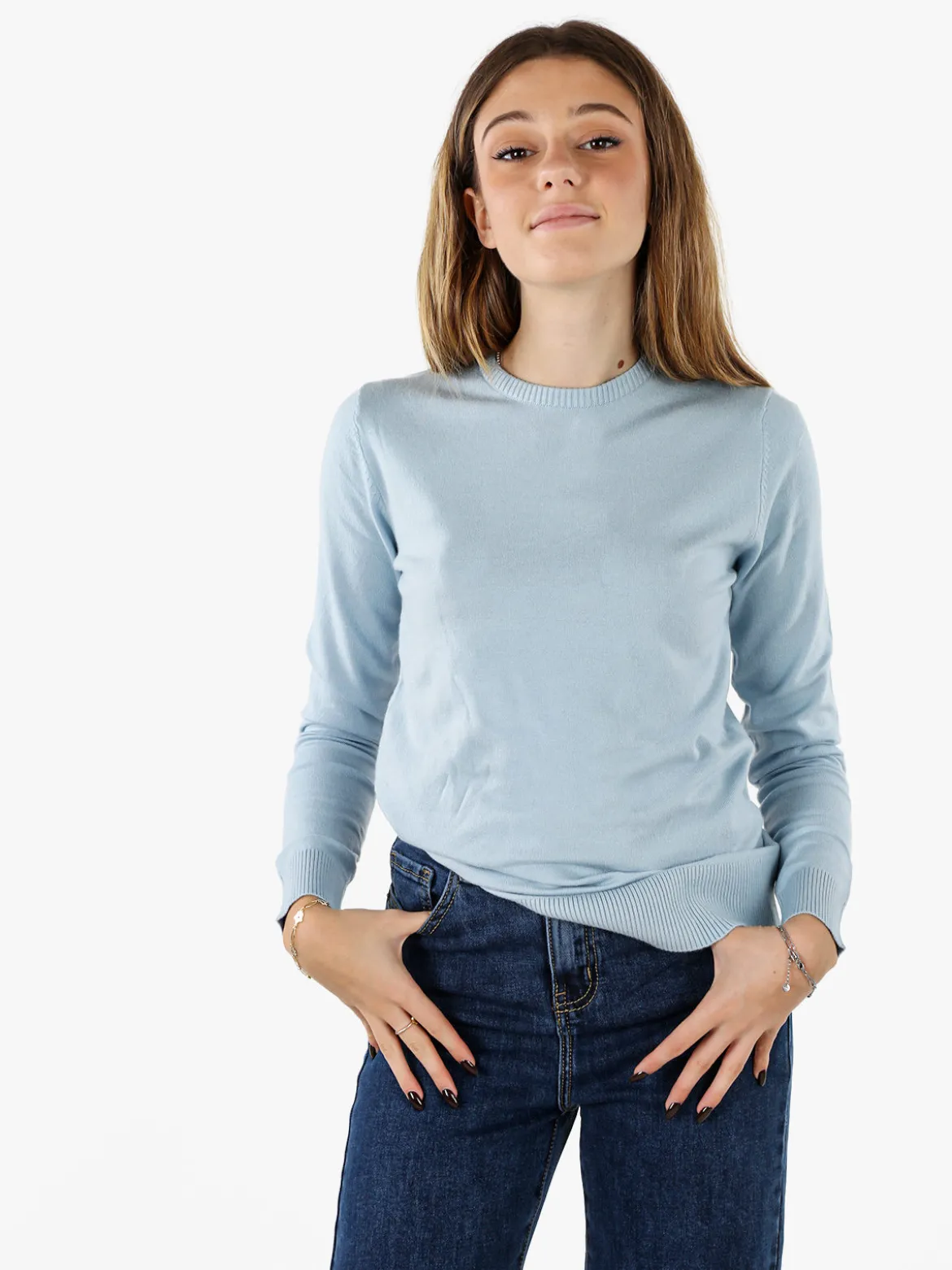 Norway Pullover girocollo da donna in maglia tinta unita - azzurro