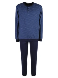 Nottingham Pigiama lungo da uomo in cotone interlock con stampe - blu