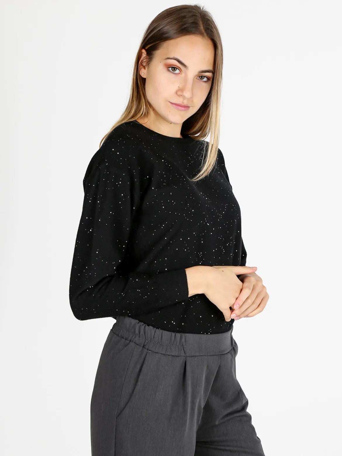 Nova Pullover donna girocollo con strass - nero
