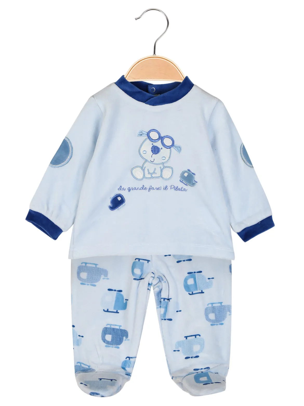 Pastello Completo 2 pezzi da neonato in ciniglia - azzurro