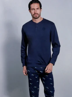 Paul Martin Pigiama lungo da uomo in cotone naturale - blu scuro
