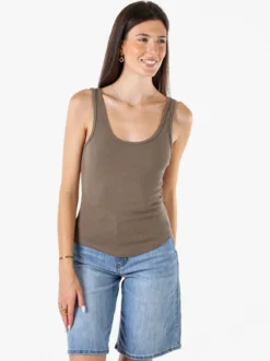 Peafowl Top da donna in cotone elasticizzato a costine - fango