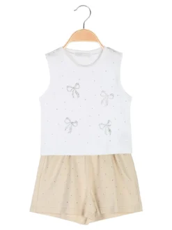 Pink Girl Completo corto da bambina 2 pezzi top e shorts con micro borchie - beige