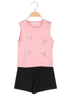 Pink Girl Completo corto da bambina 2 pezzi top e shorts con micro borchie - nero