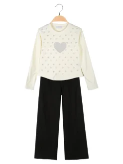 Pink Girl Completo 2 pezzi da bambina a coste con cuori di strass - panna