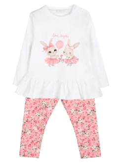 Pink Girl Completo 2 pezzi da neonata con leggings floreali - bianco