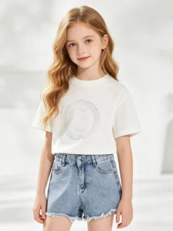 Pink Rabbit Shorts in jeans da bambina sfrangiati con micro borchie - jeans