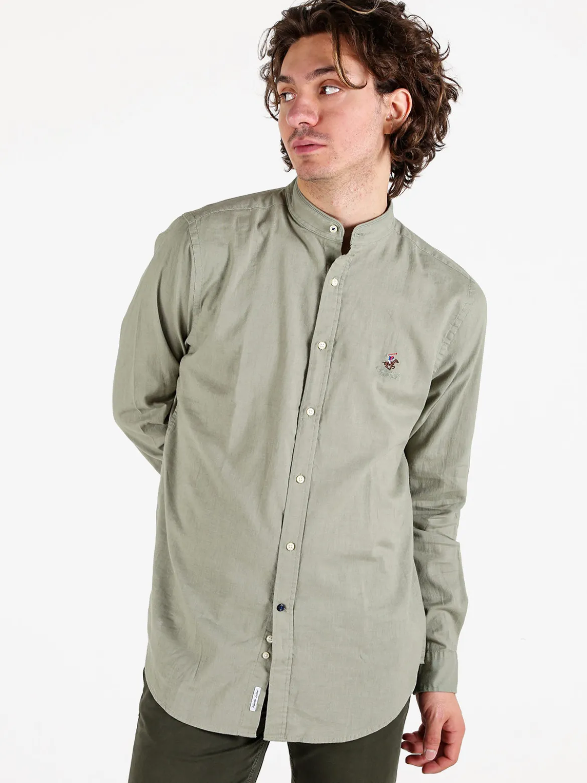 Polo Club Camicia da uomo alla coreana in misto lino e cotone