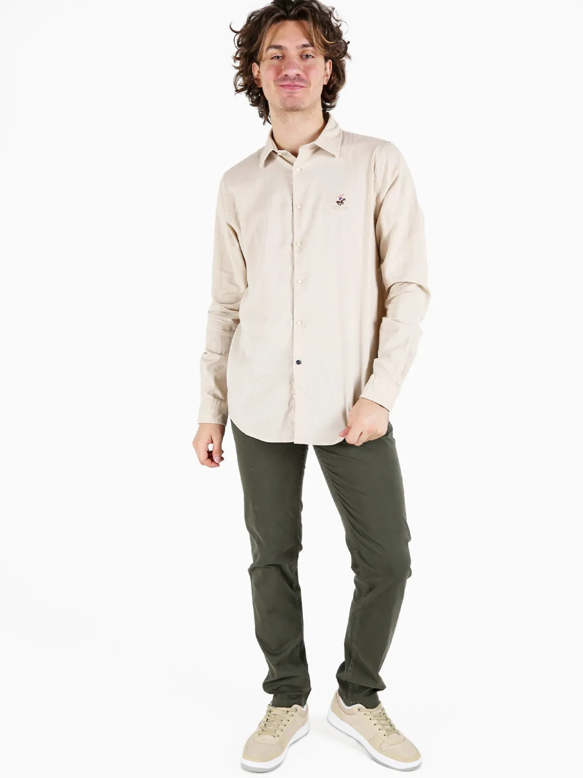 Polo Club Camicia da uomo in misto lino e cotone a maniche lunghe