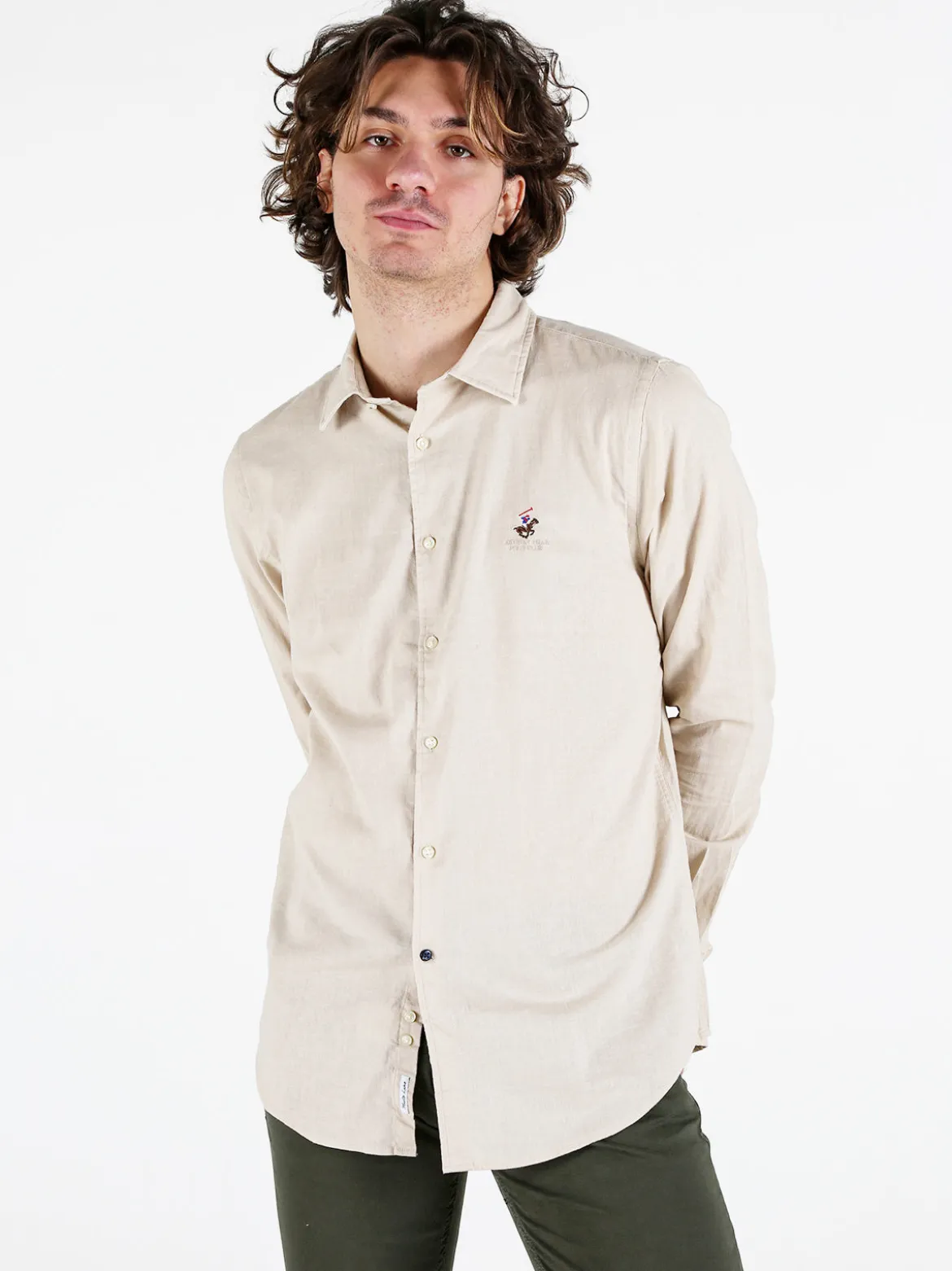 Polo Club Camicia da uomo in misto lino e cotone a maniche lunghe