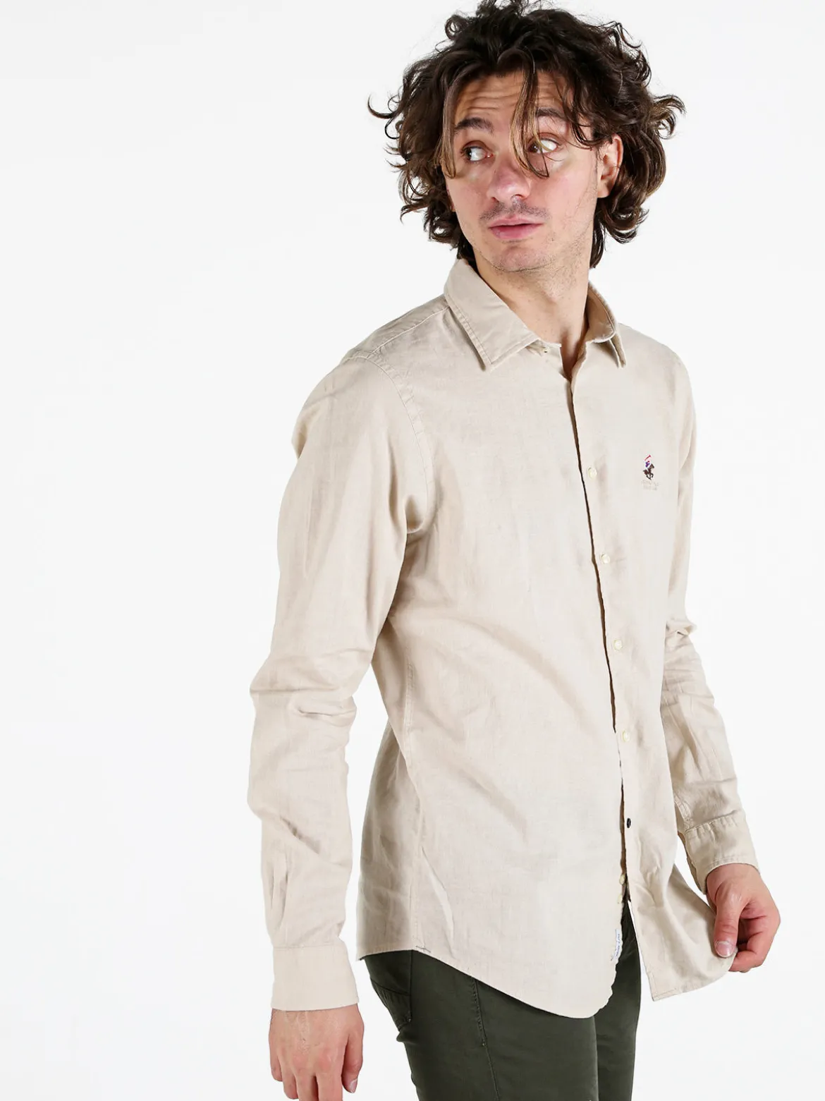 Polo Club Camicia da uomo in misto lino e cotone a maniche lunghe