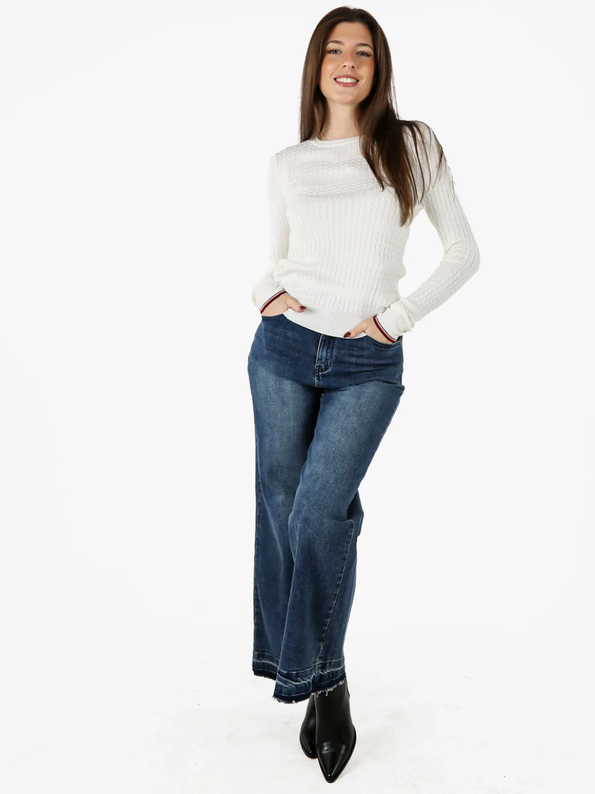Polo Club Pullover girocollo donna in maglia intrecciata - panna