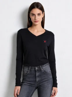 Polo Club T-shirt donna scollo a V a maniche lunghe in cotone - blu scuro