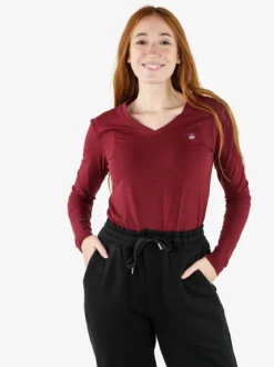 Polo Club T-shirt donna scollo a V a maniche lunghe in cotone - bordeaux