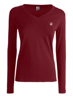 Polo Club T-shirt donna scollo a V a maniche lunghe in cotone - bordeaux